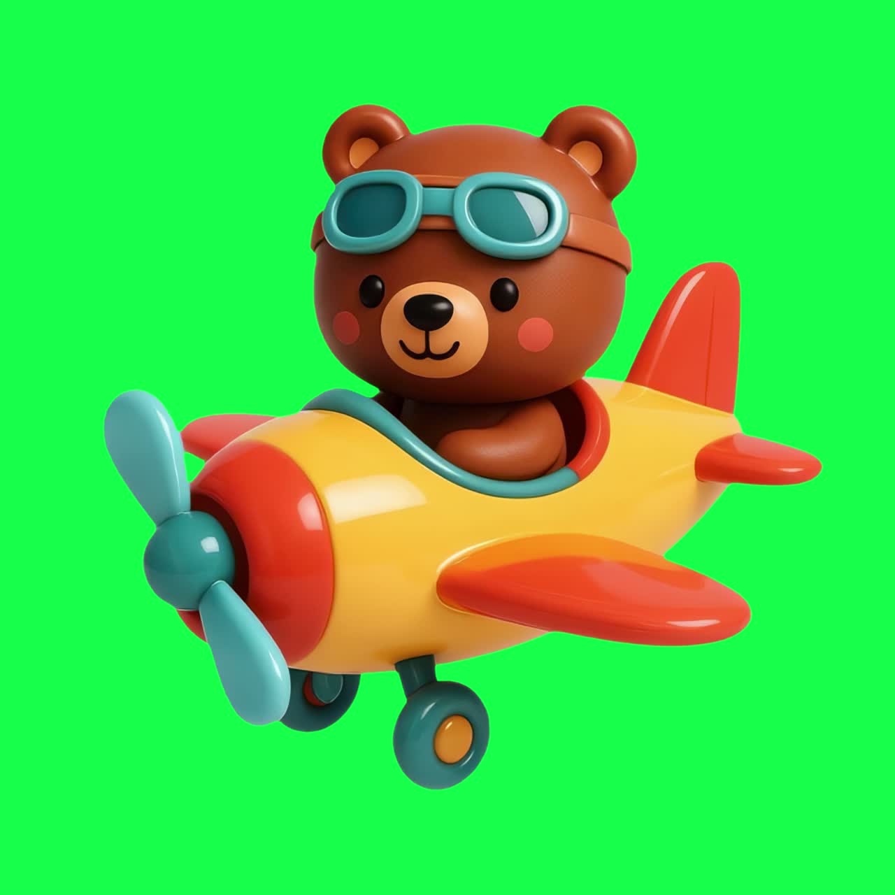 Cute bear flying toy airplane animation, transparent 4K video, green screen