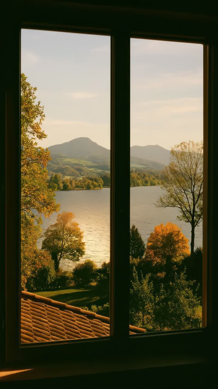 Serene lake view through a window, framed by autumn trees and distant hills
