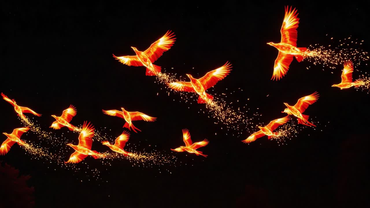 A Mesmerizing Display of Illuminated Birds in Flight, Creating an Enchanting Scene with Sparkling Trails Against the Dark Night Sky