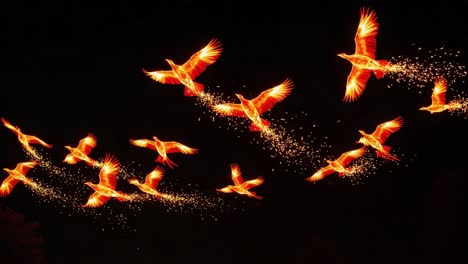 a mesmerizing display of illuminated birds in flight, creating an enchanting scene with sparkling trails against the dark night sky