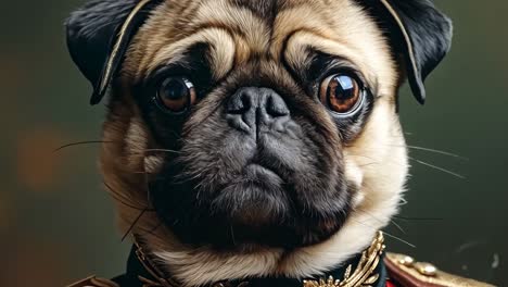 un perro pug vestido como un oficial militar