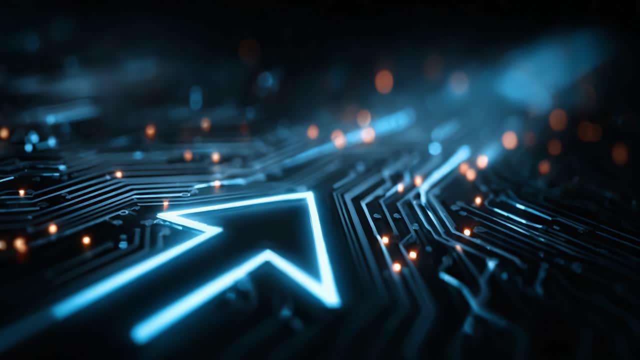 Exploring the Digital Landscape: A Visual Journey Through Circuit Boards and Technology, Highlighting Progress and Innovation with a Dynamic Arrow Motif