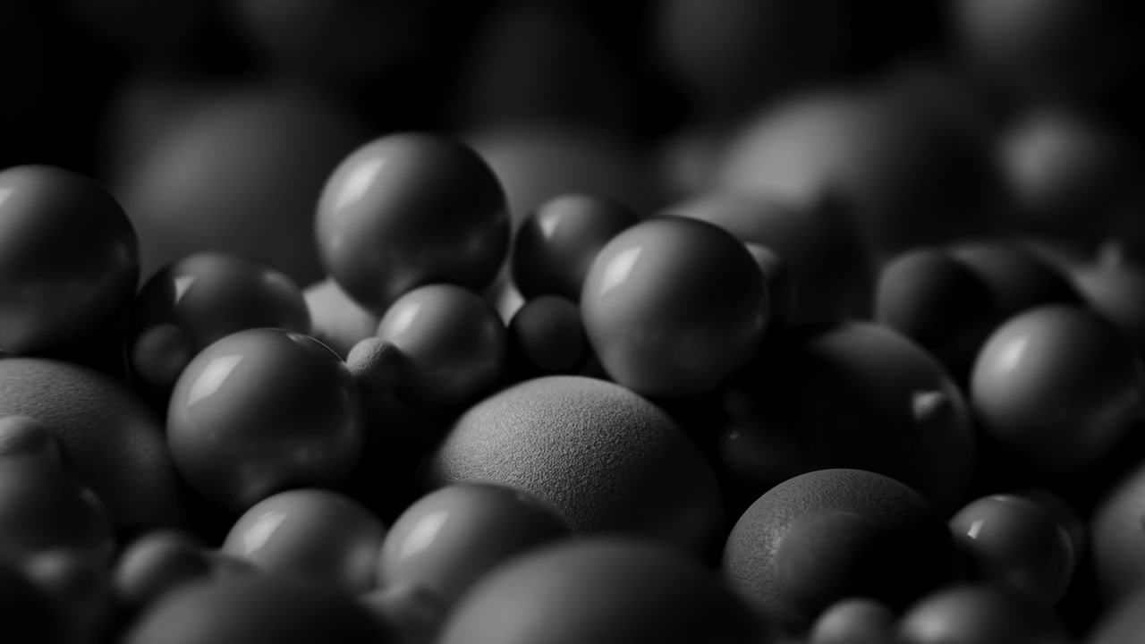 Black Matte Spheres Macro Closeup Cinematic Depth, Soft Bokeh, Varied Sizes, Glossy Highlights, Minimalist