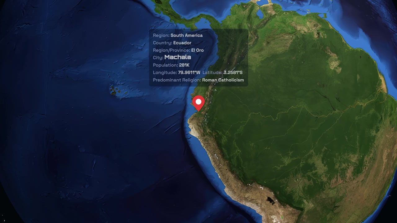Digital globe rotates and zooms into South America, highlighting Machala with an informative data panel