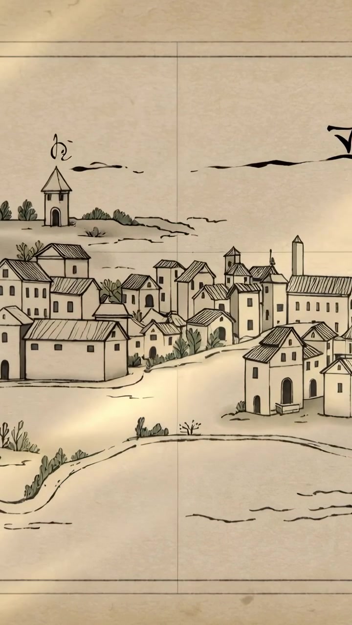 Video verticale: Telecamera che panoramica rivelando un villaggio disegnato a inchiostro su pergamena invecchiata per mostrare linee guida, bagliore.