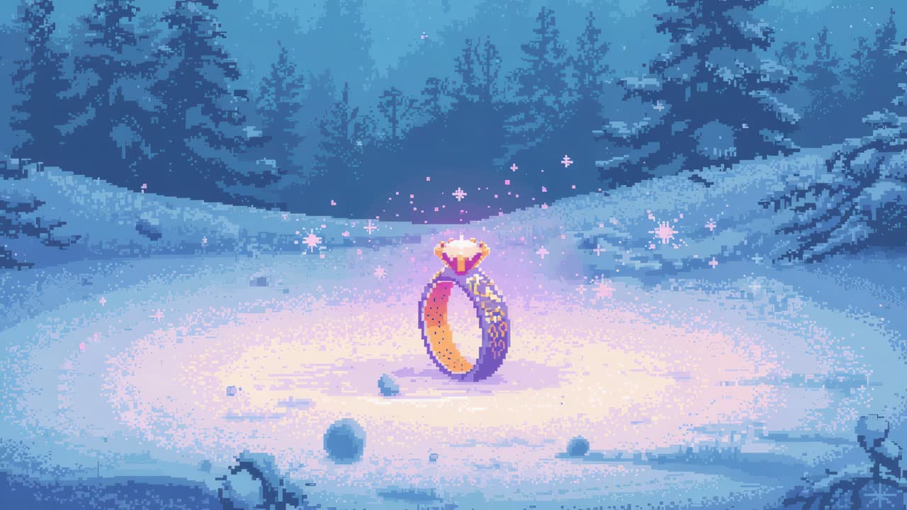 Pulsing ornate ring's gem starting warm pink-purple glow, lighting snow clearing and falling sparks