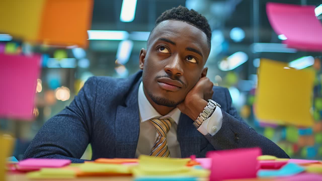 A Thoughtful Professional Contemplates Ideas Amidst a Colorful Array of Sticky Notes, Reflecting on Creativity and Productivity in the Workplace