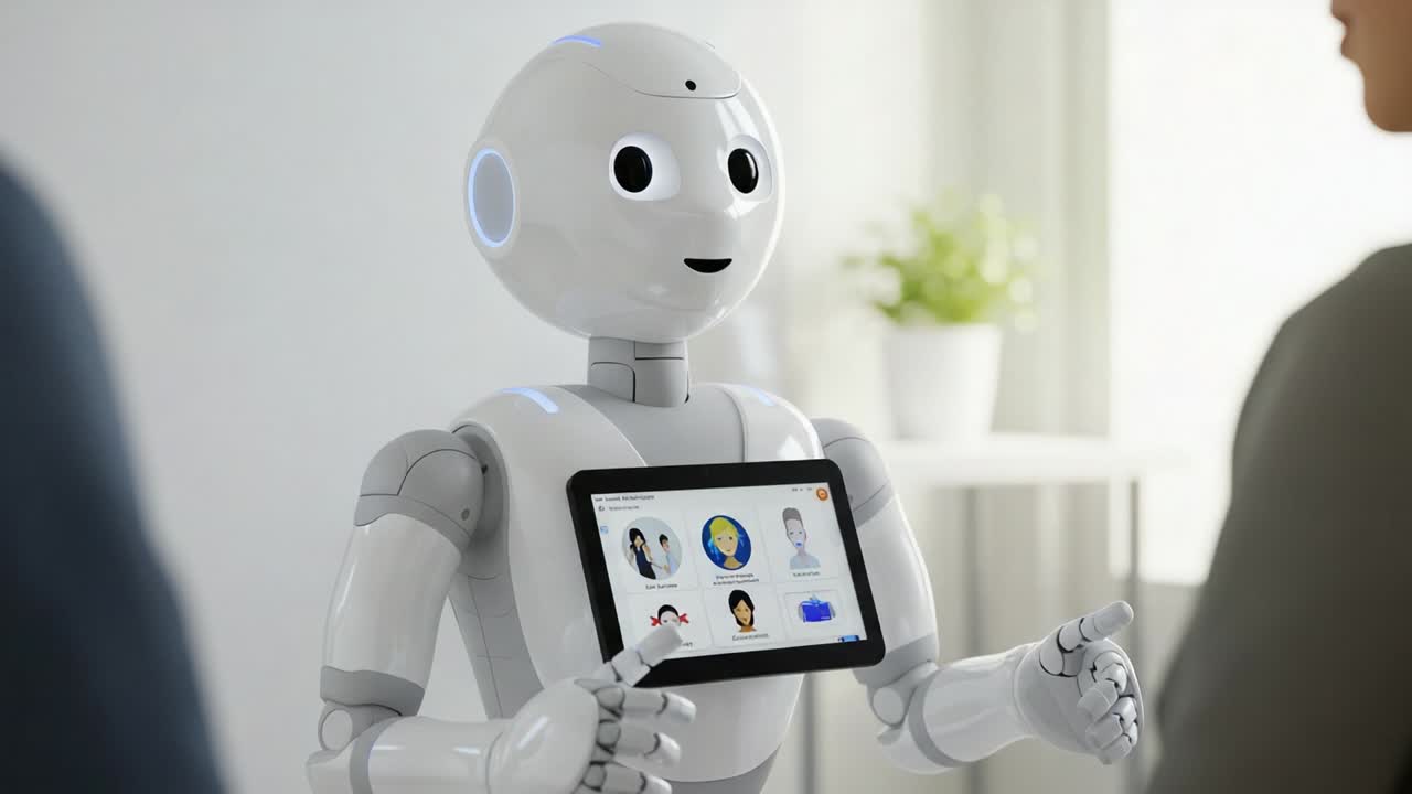 Interazione coinvolgente: un robot amichevole comunica con un utente tramite tablet, mettendo in evidenza la robotica avanzata e la collaborazione uomo-robot in un ambiente moderno