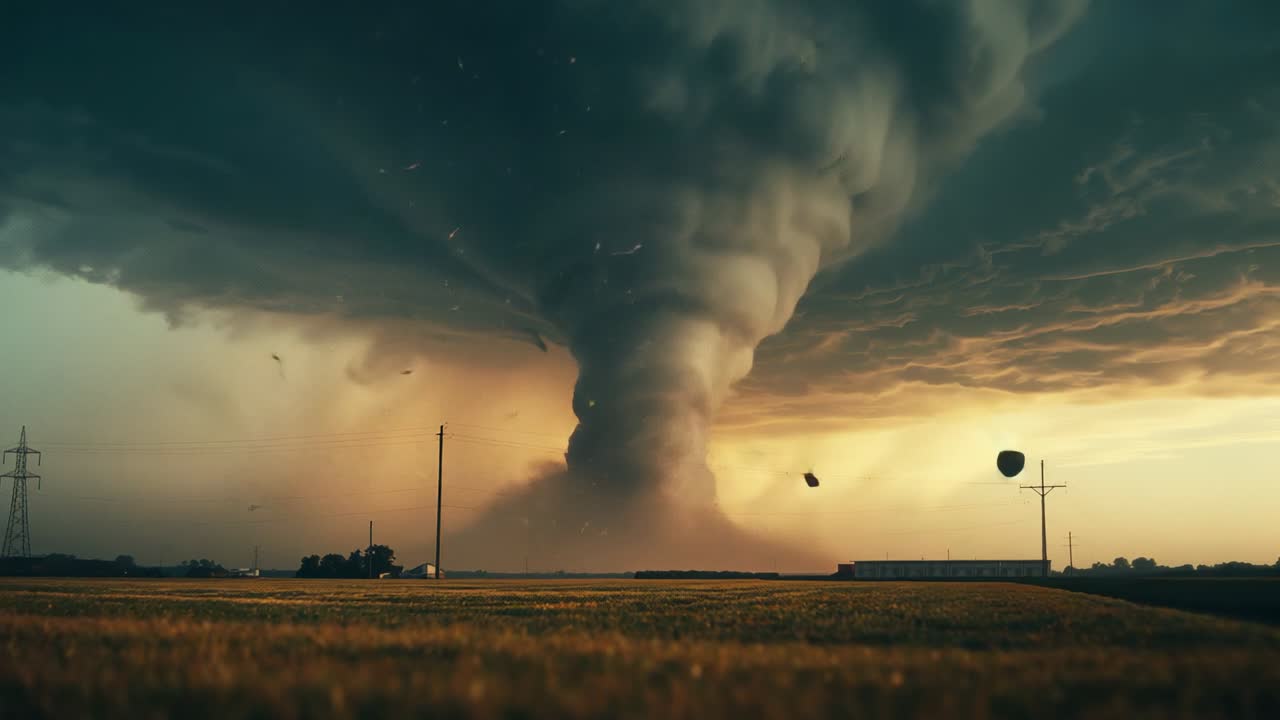 Updraft starting funnel cloud touching ground over golden crop field, with swirling debris and dust