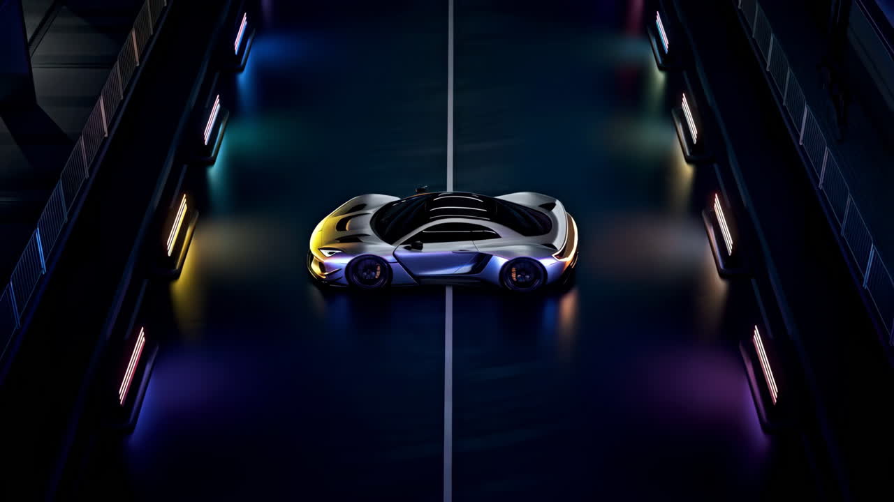 A sleek sports car on a bridge at night