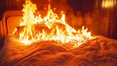 a bed with a fire burning on top of it