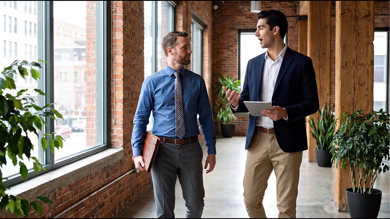 Corporate colleagues walking through office corridor in professional business environment