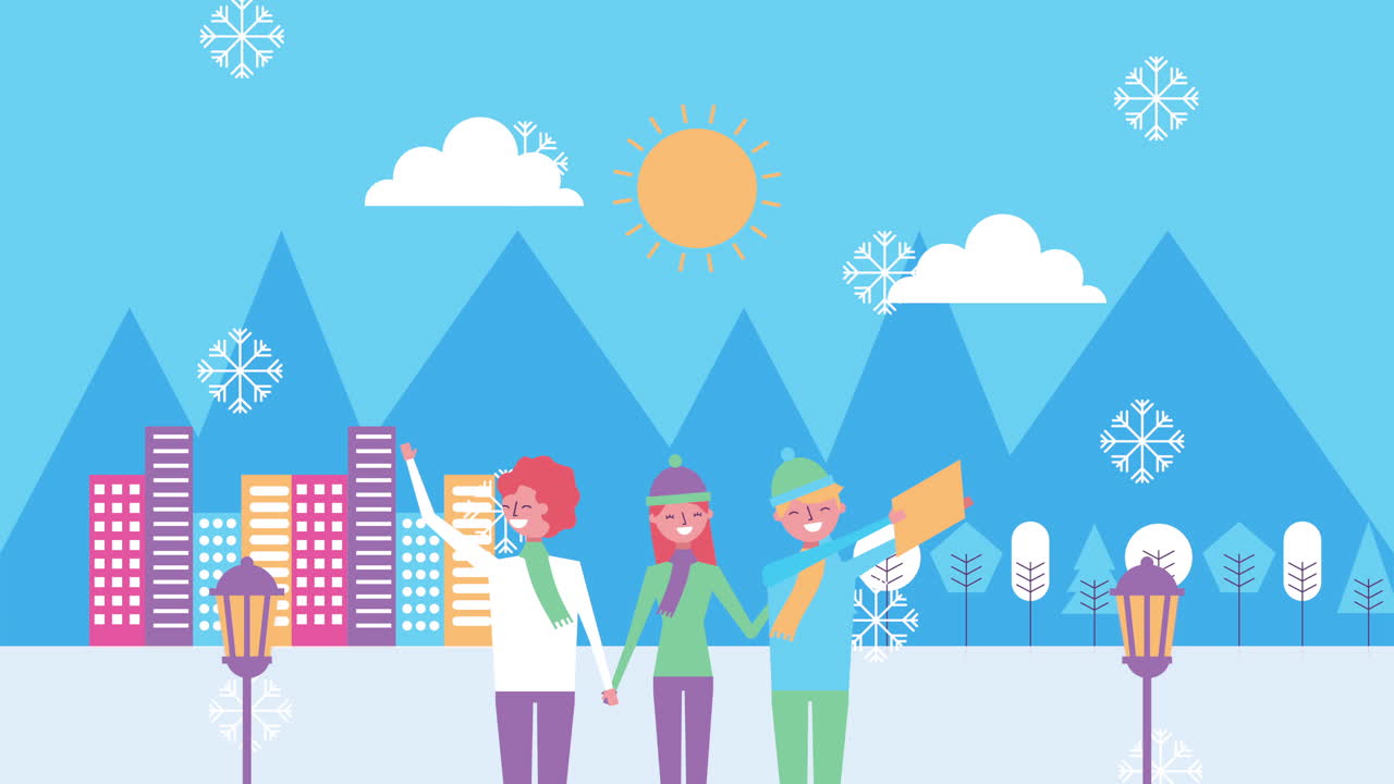 사람 들 과 건물 들 이 있는 겨울 눈 풍경 장면