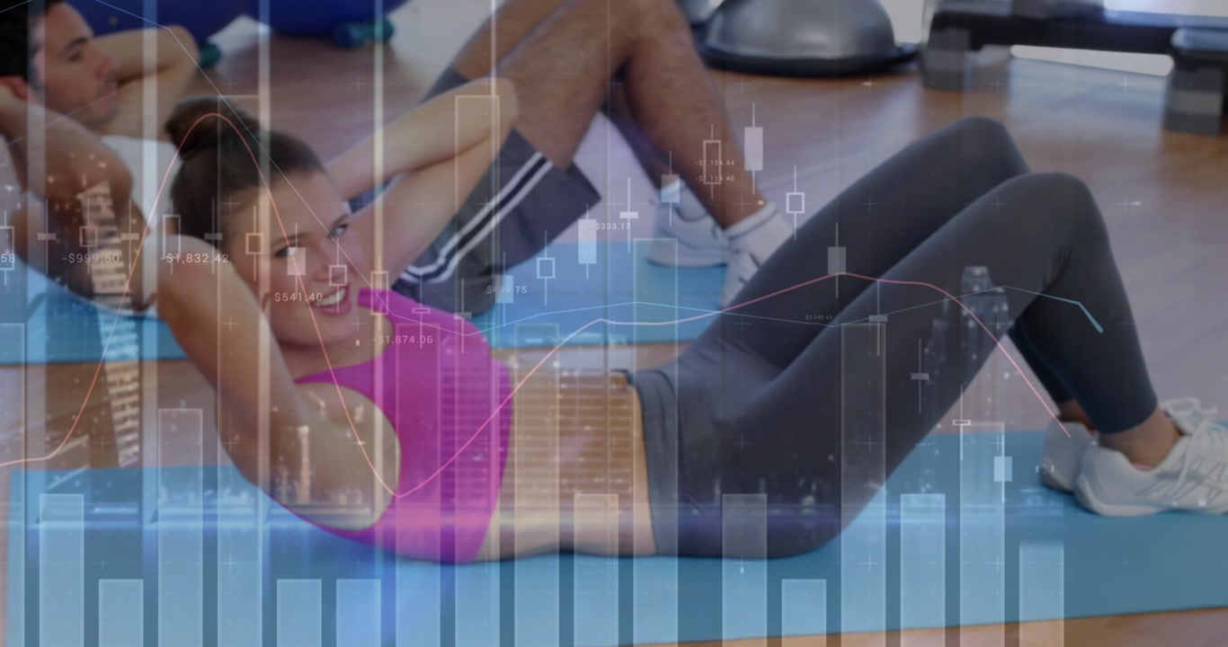 Women Exercising in Gym with Financial Data Overlay
