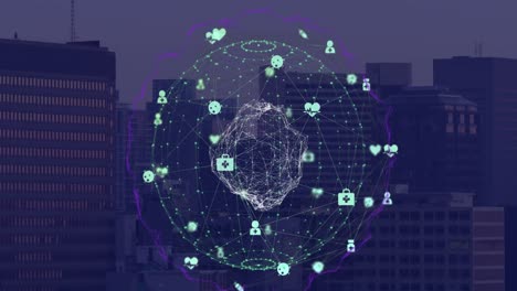 Animation of globe of connections with icons over cityscape