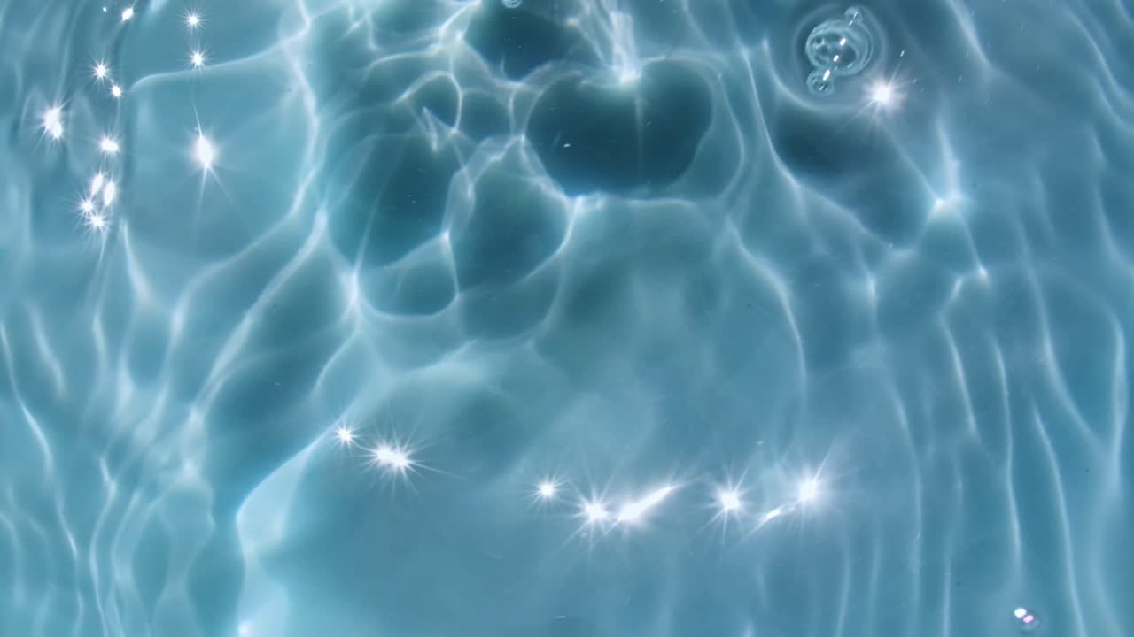 물 표면 텍스처  뷰: 물 스플래시 파란색, 반사된 순수한 파란색 물, 느린 동작의 빛, 태양과 그림자, 움직임, 깨한 수영장, 파동 및 파동.