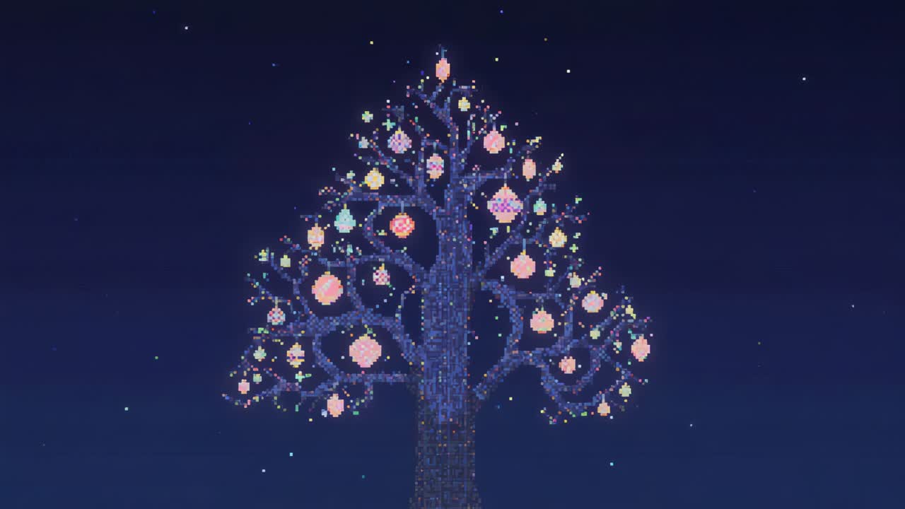 Animating pixel-art tree reacting to frames at night pulsing lights and showing pastel ornaments