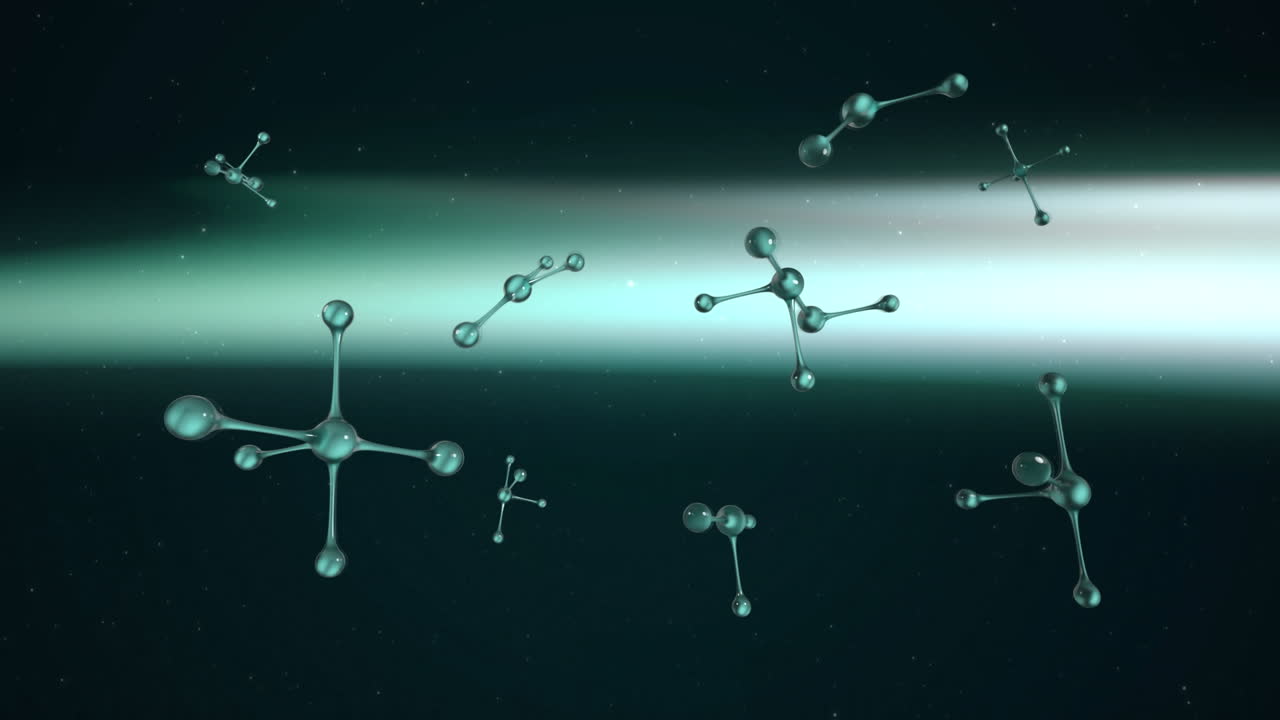 블랙 배경의 녹색 빛 흔적에 대항하여 떠다니는 분자 구조의 디지털 애니메이션