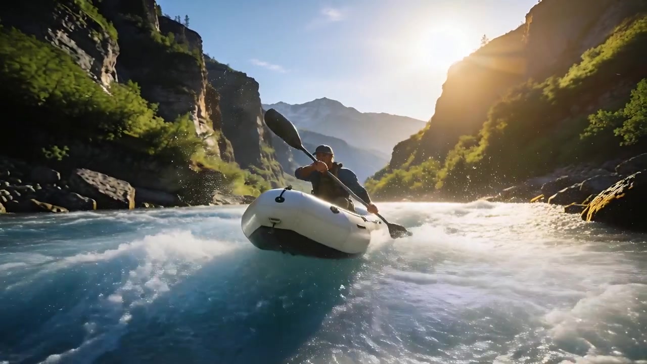 Uomo che pagaia su un gommone, indossando un giubbotto, usando una pagaia a doppia pala in un canyon con la corrente che spinge.