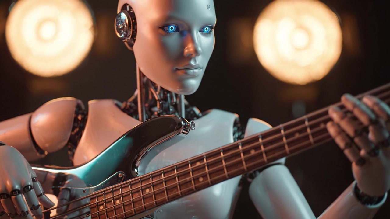 Yumuşak Parlayan Işıklarla Aydınlatılmış Sahnede Ustaca Bas Gitar Çalan Fütüristik Bir Robot Gitarist, Teknoloji ve Müzik Sanatının Birleşimini Örneklendiriyor