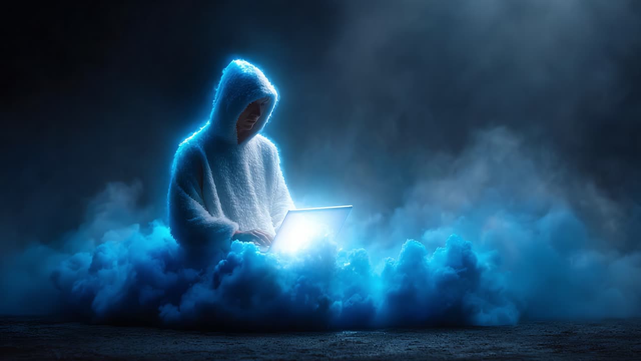 A Mysterious Figure in a Glowing Hoodie Engages with Technology Amidst a Cloudy, Ethereal Background, Illustrating the Intersection of Digital Realms and Reality