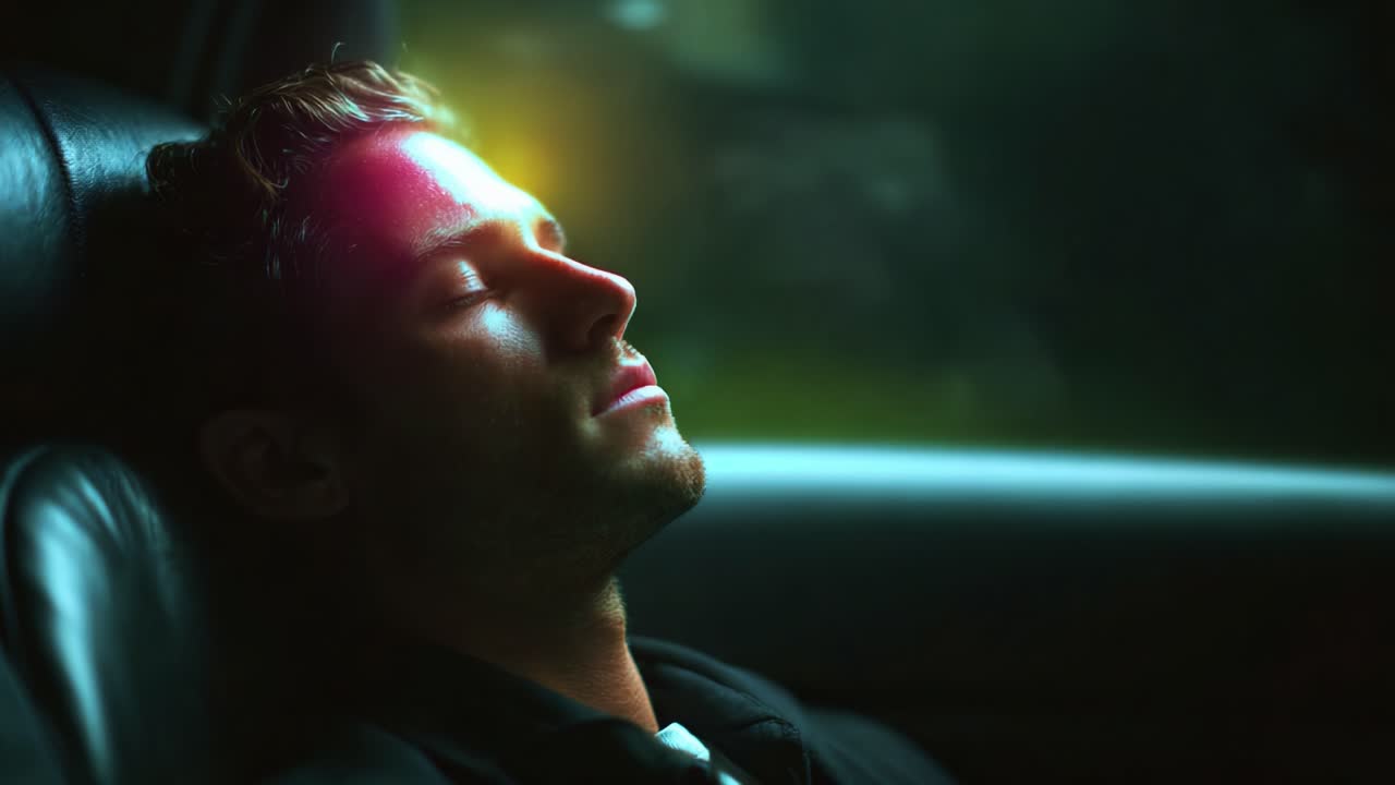 A Tranquil Moment: A Man in Deep Relaxation Inside a Car, Bathing in Beautiful Natural Light, Captured in Two Frames Highlighting Serenity and Stillness in an Urban Escape