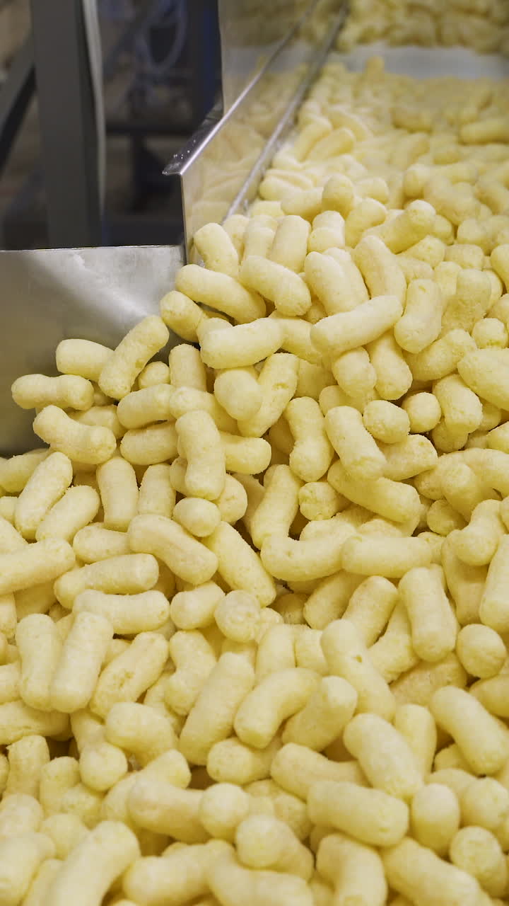 Cheese corn sticks on a conveyor belt. Industrial production of snacks in a factory. Vertical video