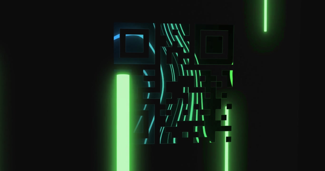 Animation of black qr code with neon shapes over black background