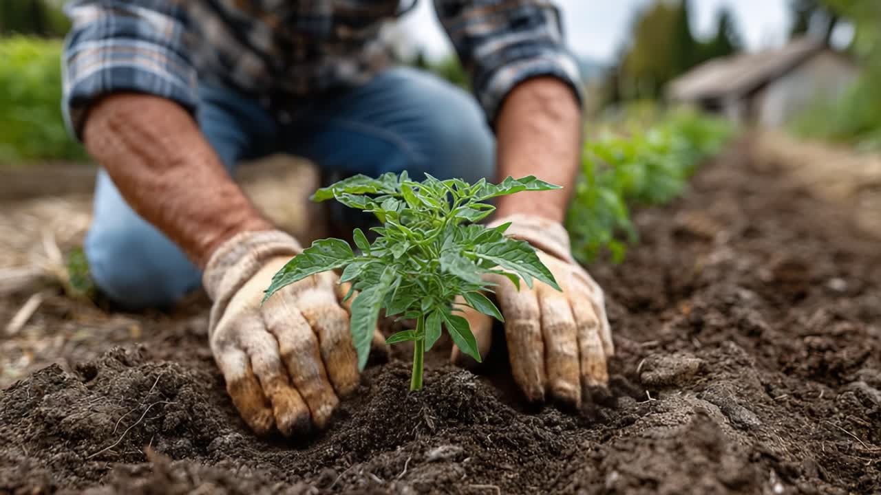 A Gardener Planting Tomato Seedlings in Rich Soil, Showcasing the Care and Commitment to Sustainable Agriculture and Home Gardening Techniques