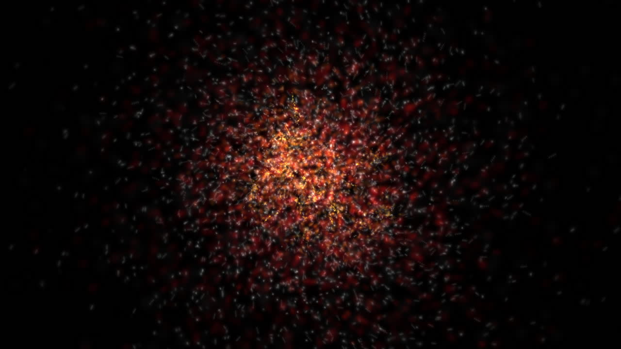 Particle cloud swarming and rotating while colour intensity changes with zoom