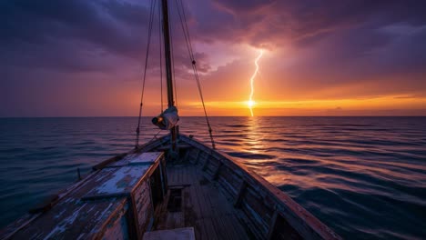 a breathtaking view from a weathered boat on a tranquil sea, framed by a striking lightning bolt illuminating the dramatic sunset sky in a captivating moment of nature's power