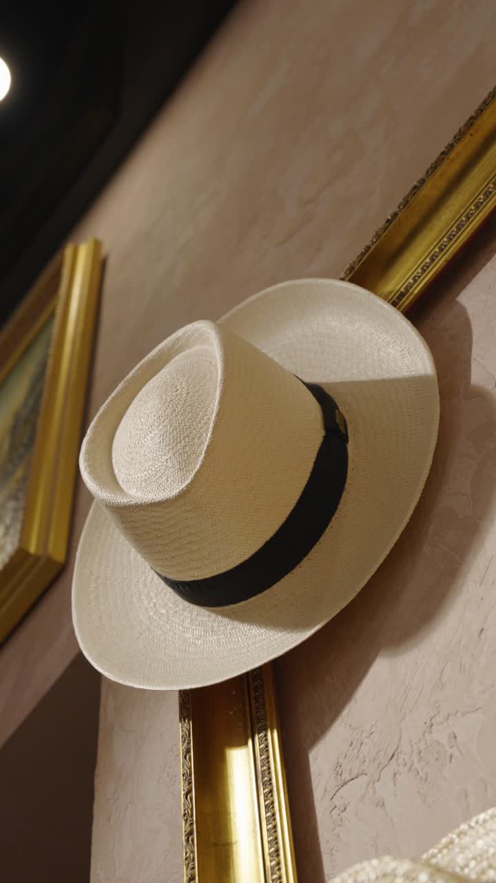 Vertical - vintage hat hang on golden painting frame on wall, Czechia