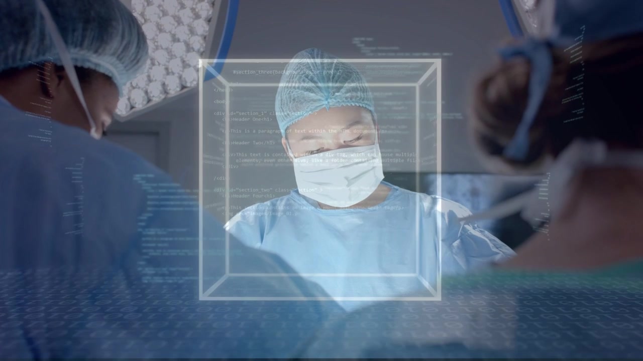 Lead surgeon operating in OR, software activating 3D cube annotating field, assisting team