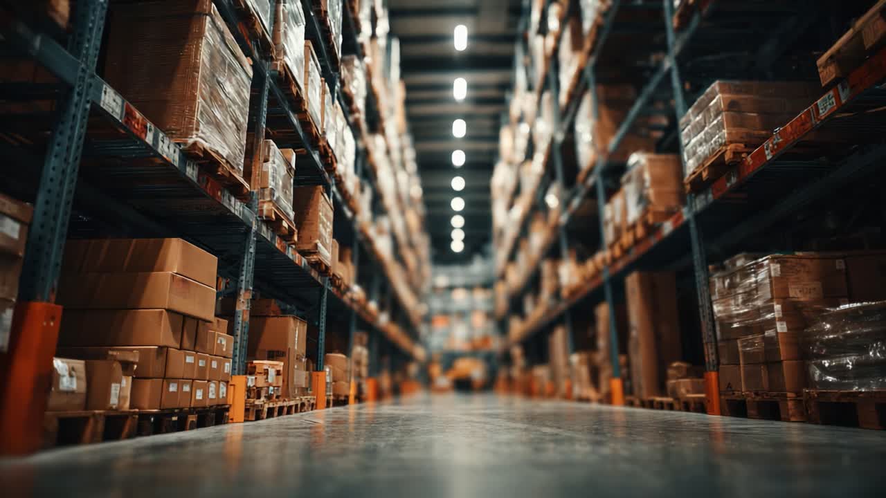 Aerial Perspective of a Warehouse Aisle Showcasing Packed Pallets and Boxes Awaiting Distribution in a Well-Organized Storage Environment