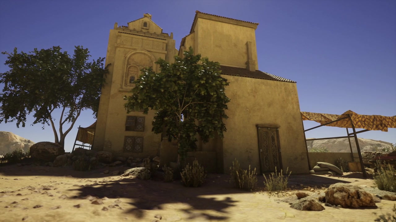 Casa tranquilla nel deserto con esterni spaziosi e dintorni ombreggiati.