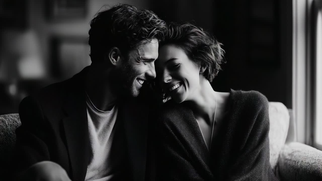 A Heartwarming Moment Shared: Captivating Black and White Imagery of Two People in a Cozy Indoor Setting, Exuding Joy and Connection in Their Expressions