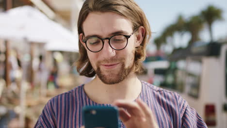technology, typing and man with phone on street