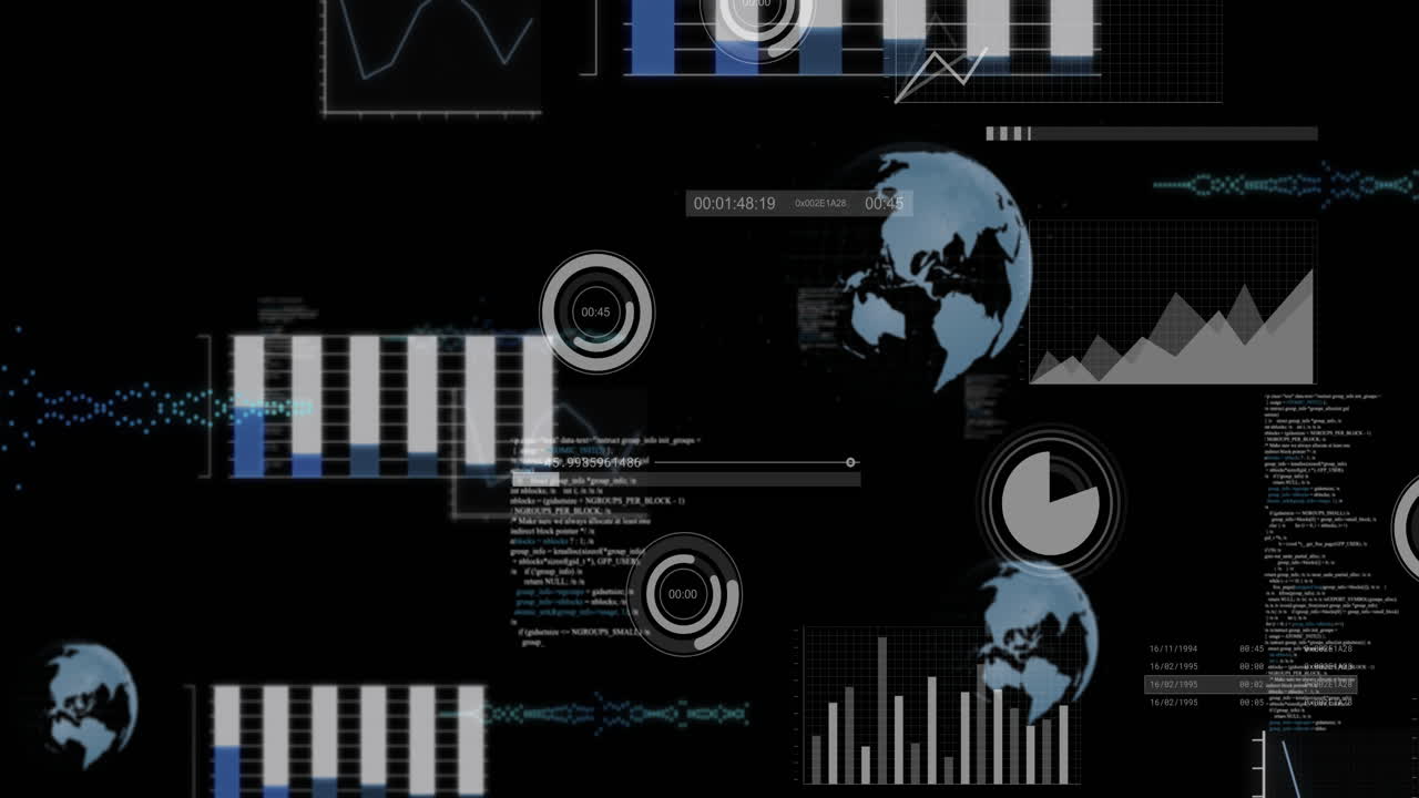 검은색 배경 위의 디지털 데이터 처리 애니메이션