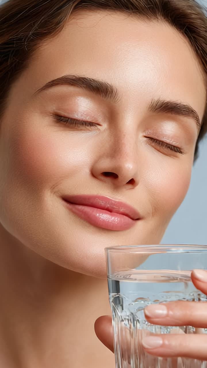 Un momento di serenità e idratazione: benessere con un bicchiere d'acqua rinfrescante e un sorriso radioso