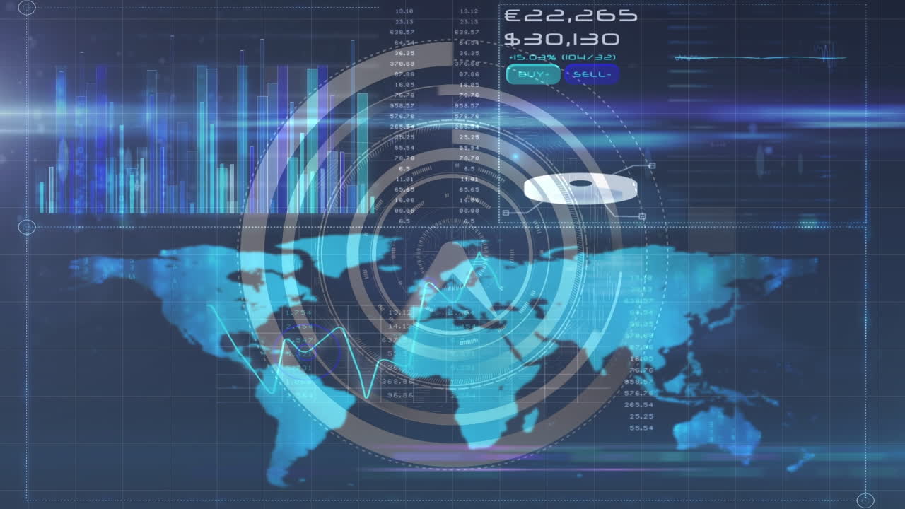 animación de reloj en movimiento y datos diversos sobre el mapa del mundo