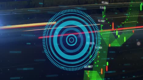 Animation-of-round-scanner-and-financial-data-processing-against-time-lapse-of-night-city-traffic