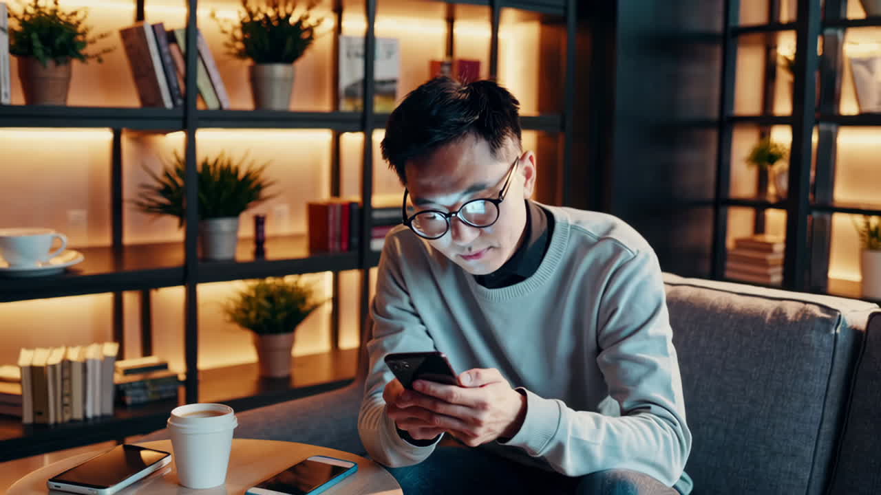 남자는 카페에서 스마트 폰을 사용 하여