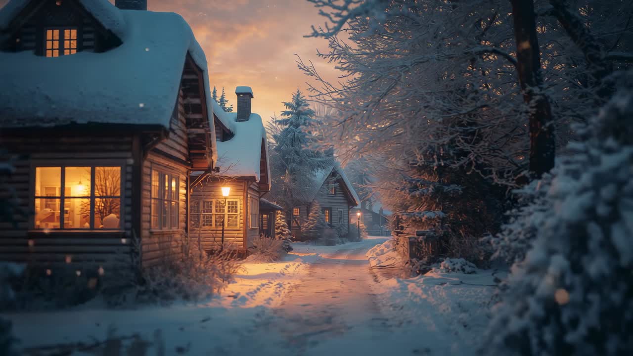 Lamppost casting glow across snowy path with footprints at dusk, lit cabin windows, copy space