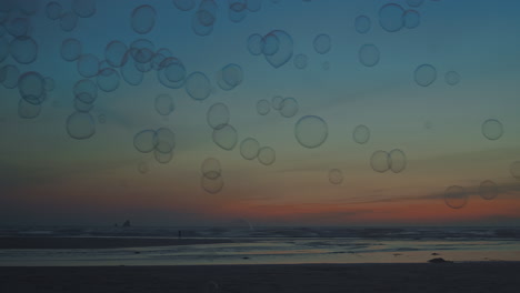 bubbles float past as sun sets on vast empty beach, wide