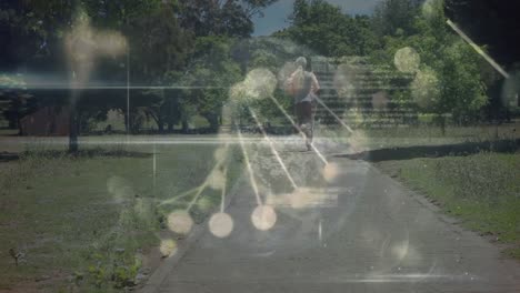 animation of dna strand spinning and data processing over caucasian woman running