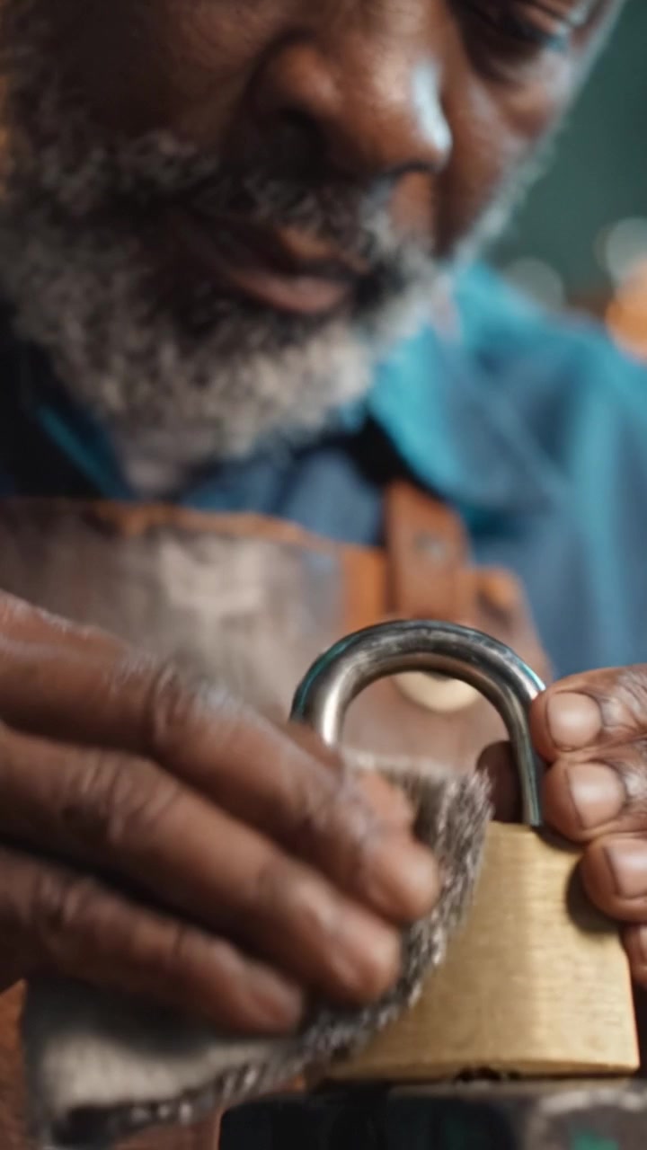 An Artisanal Craftsman Skillfully Polishing a Brass Padlock with Careful Attention to Detail in a Workshop Setting