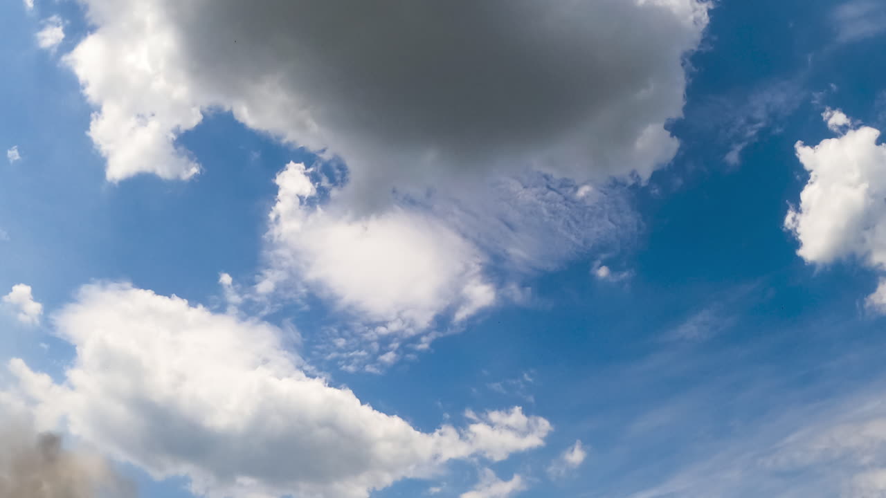 White clouds shining lit with the sun in blue sky. Summer horizon from low angle view. Timelapse.