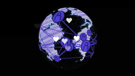 animation of globe with digital connections and heart icons for global communication