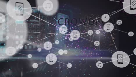 Animation-of-network-of-connections-with-icons-over-fireworks-on-black-background