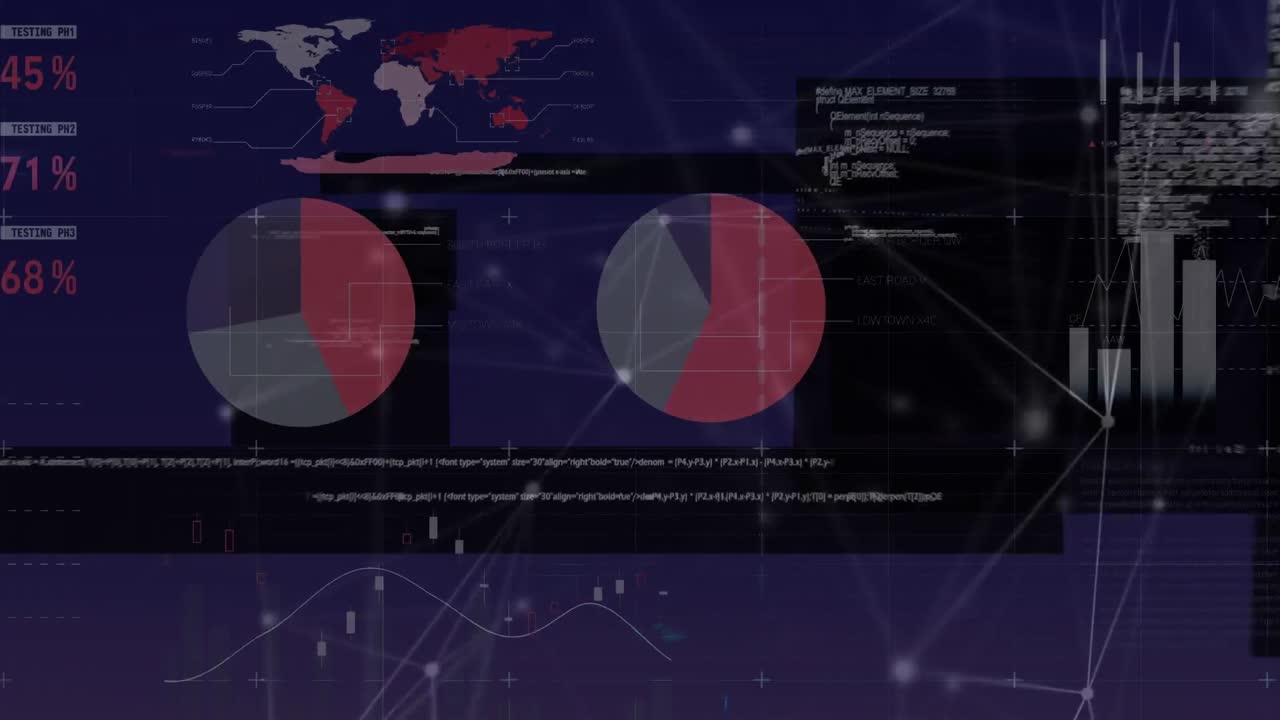 animación de estadísticas y procesamiento de datos sobre un fondo oscuro